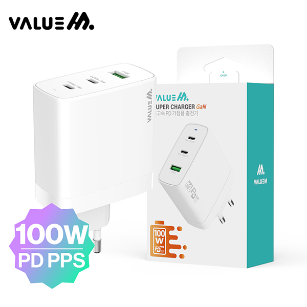 [업체별도배송]100W 3포트 초고속 Gan충전기(케이블 미포함/VM-N15PDQC3P100/화이트/밸류엠)